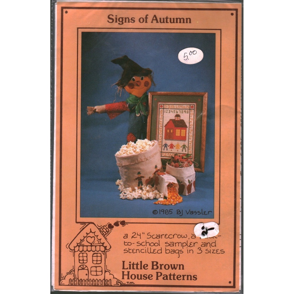 Vintage 1985 Little Brown House Patterns Signs of Autumn Scarecrow Sampler Bags